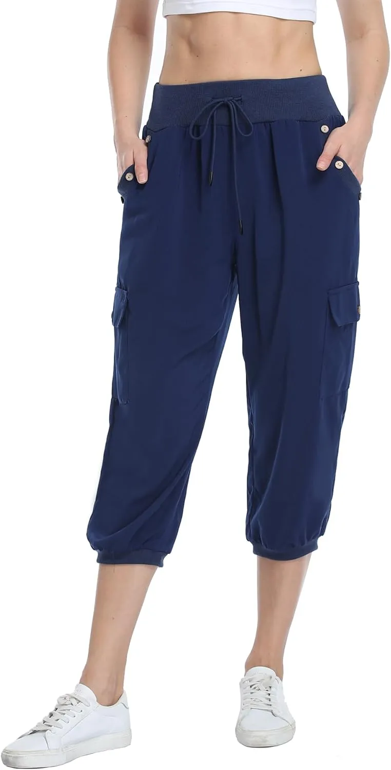 MISS MOLY Women's Cargo Capris Travel Pants Button Decor Summer Loose Harem Sweatpants Stylish Soft with Pockets