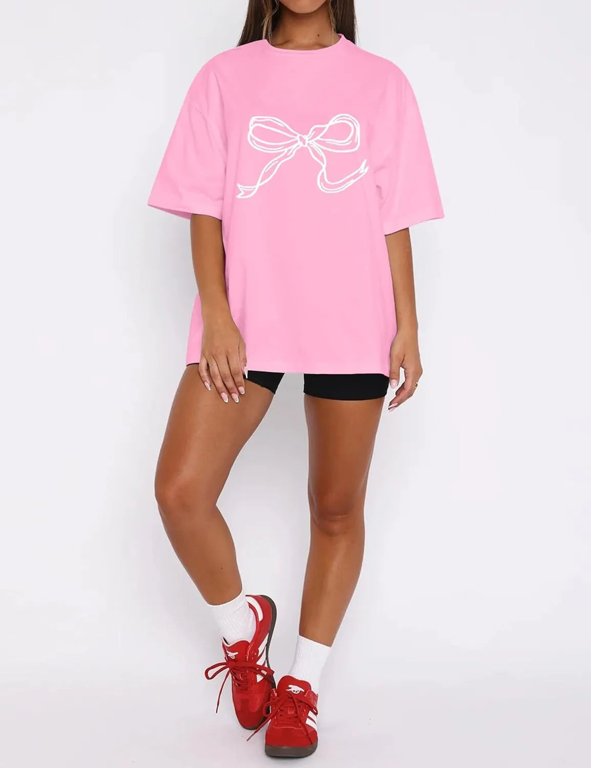 MISSACTIVER Women’s Oversized Bow Graphic T-Shirt Drop Shoulder Short Sleeve Graphics Tee Shirt Casual Outfit Going Out Top