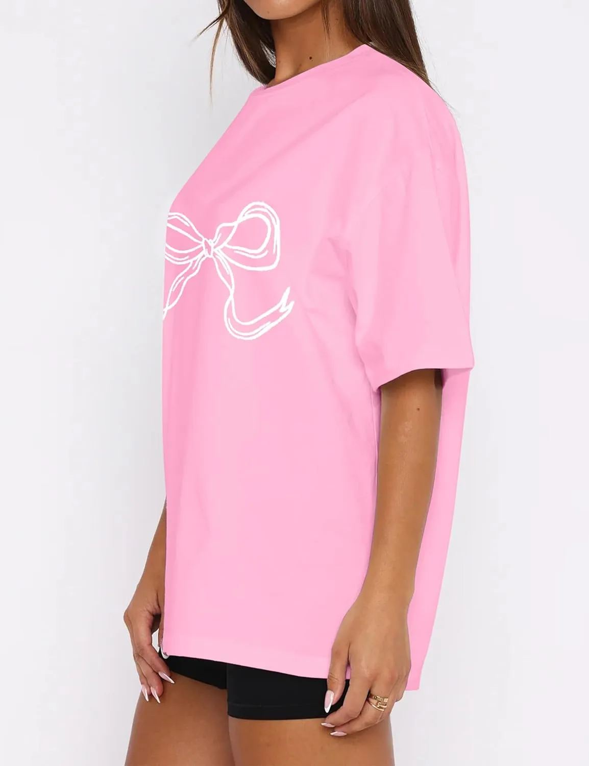 MISSACTIVER Women’s Oversized Bow Graphic T-Shirt Drop Shoulder Short Sleeve Graphics Tee Shirt Casual Outfit Going Out Top