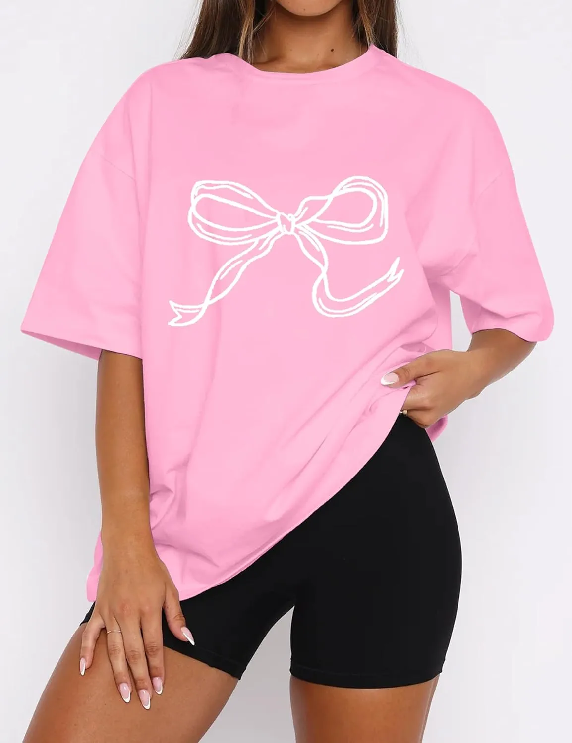 MISSACTIVER Women’s Oversized Bow Graphic T-Shirt Drop Shoulder Short Sleeve Graphics Tee Shirt Casual Outfit Going Out Top