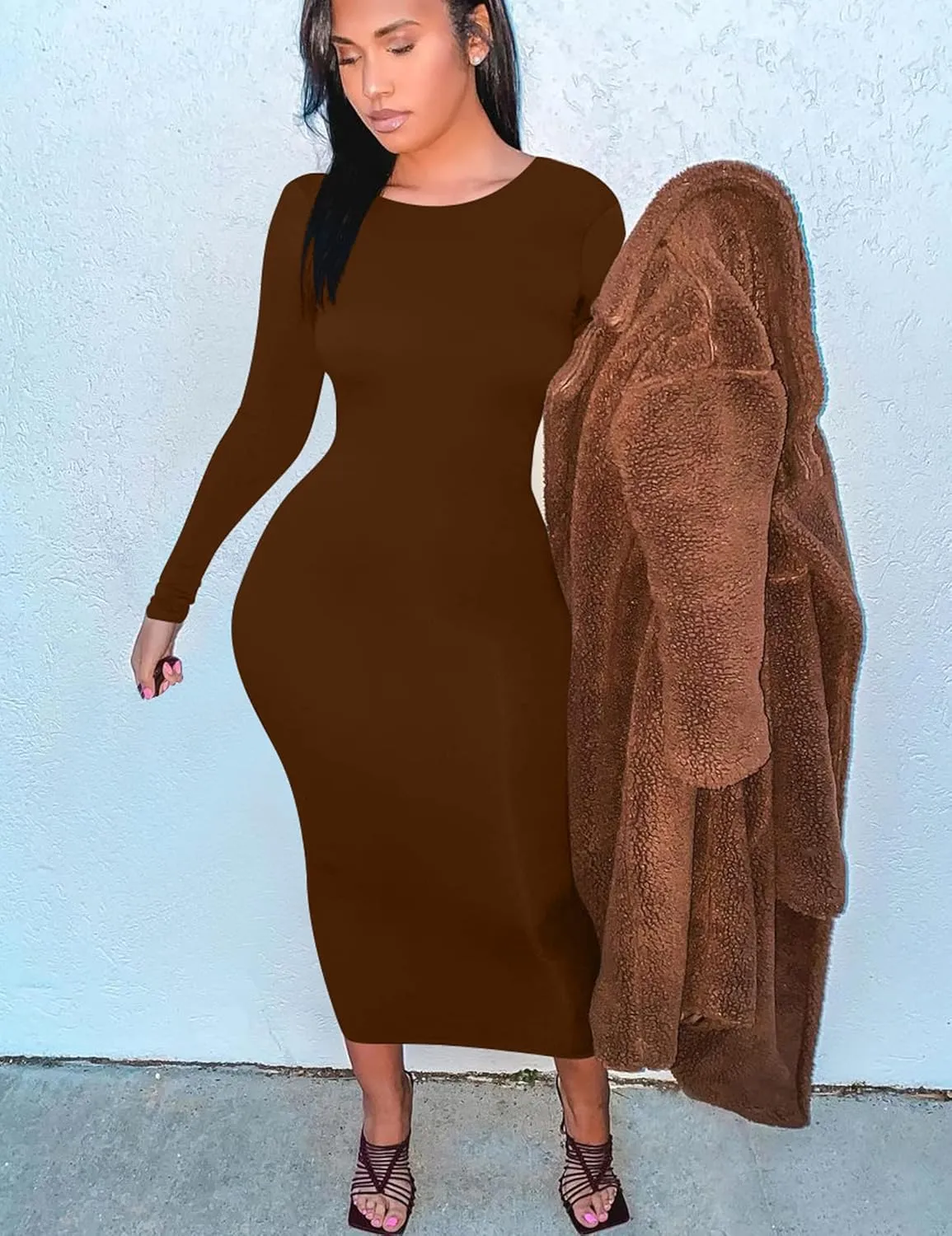Mokoru Women's Casual Bodycon Long Sleeve Sexy Tight Club Party Midi Pencil Dresses