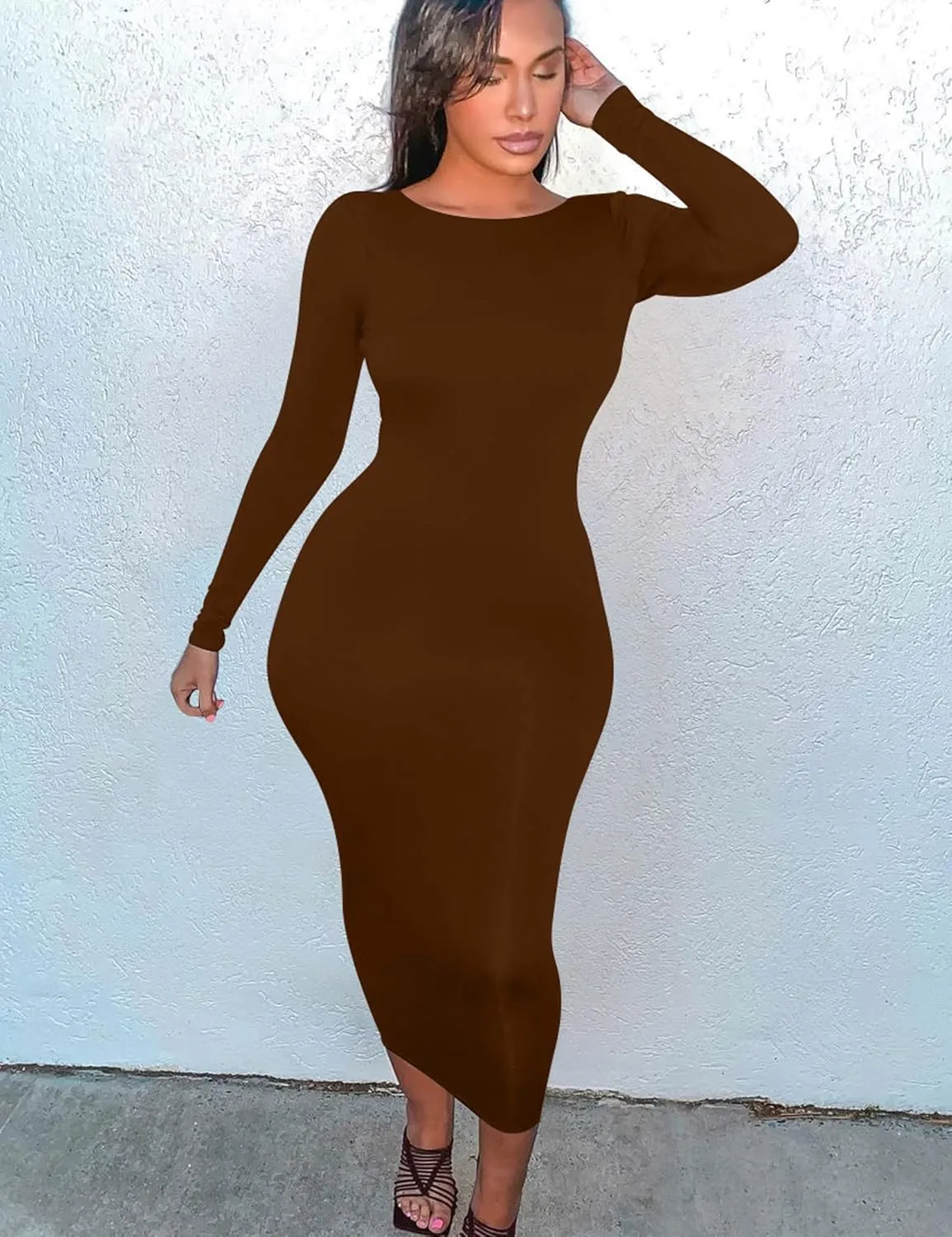 Mokoru Women's Casual Bodycon Long Sleeve Sexy Tight Club Party Midi Pencil Dresses