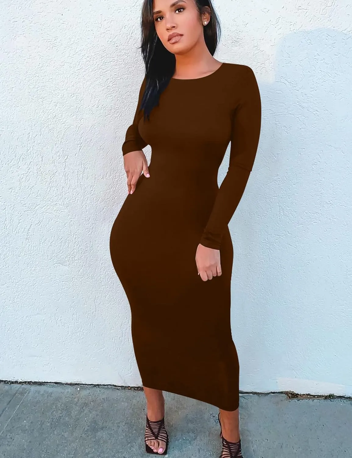 Mokoru Women's Casual Bodycon Long Sleeve Sexy Tight Club Party Midi Pencil Dresses