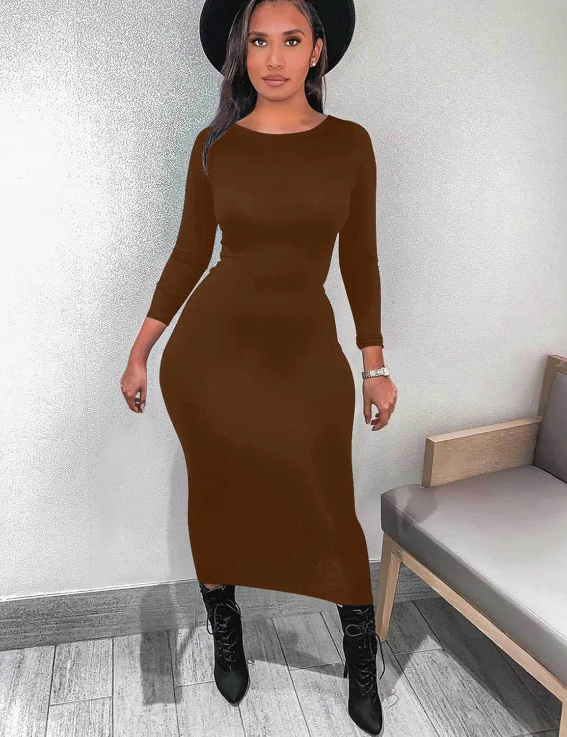 Mokoru Women's Casual Bodycon Long Sleeve Sexy Tight Club Party Midi Pencil Dresses
