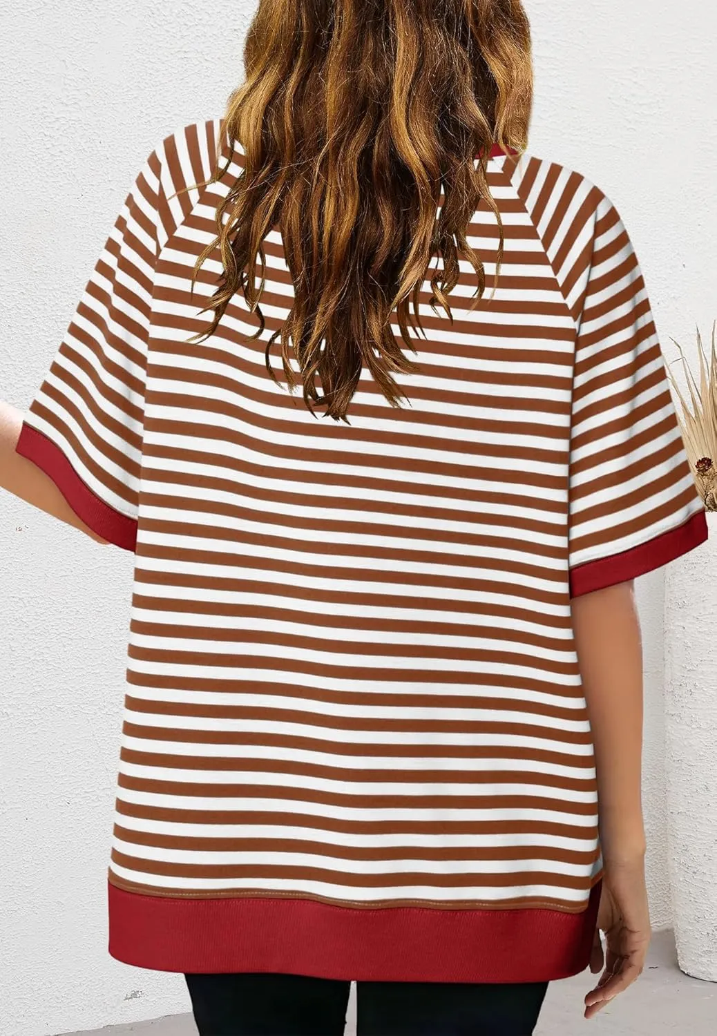 Nirovien Womens Striped Short Sleeve Tshirt Oversized Crewneck Shirt Color Block Tee Shirts Summer Tunic Tops