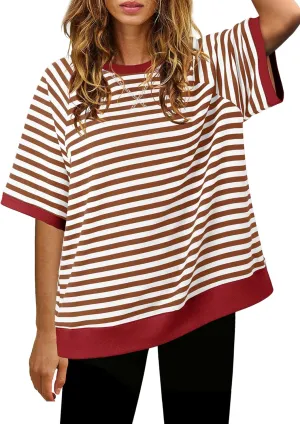Nirovien Womens Striped Short Sleeve Tshirt Oversized Crewneck Shirt Color Block Tee Shirts Summer Tunic Tops