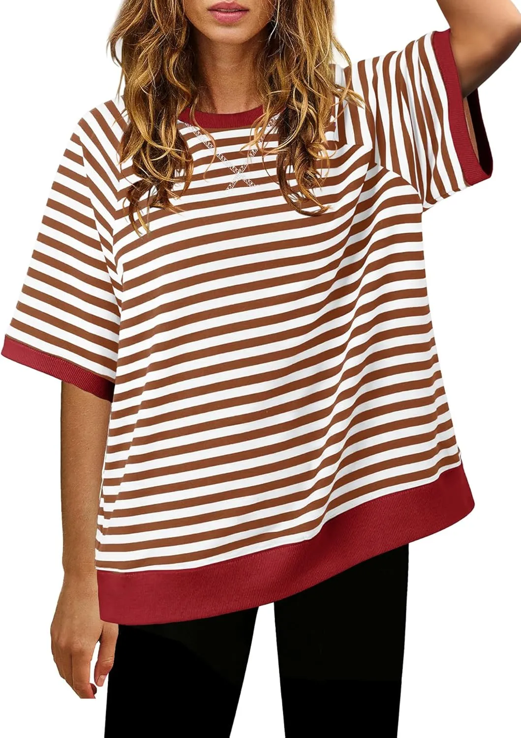 Nirovien Womens Striped Short Sleeve Tshirt Oversized Crewneck Shirt Color Block Tee Shirts Summer Tunic Tops