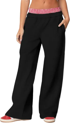 NUFIWI Gingham Boxer Detail Sweatpants for Women Elastic Waist Baggy Flared Pants Straight Leg Casual Going Out Trousers