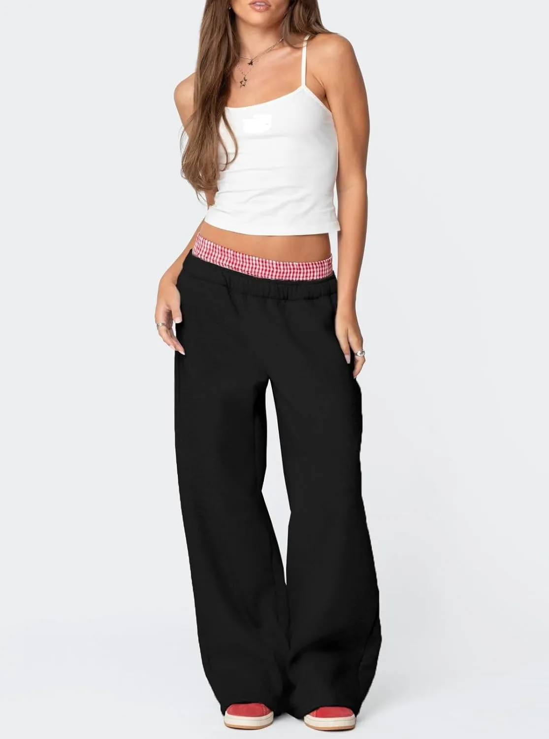 NUFIWI Gingham Boxer Detail Sweatpants for Women Elastic Waist Baggy Flared Pants Straight Leg Casual Going Out Trousers