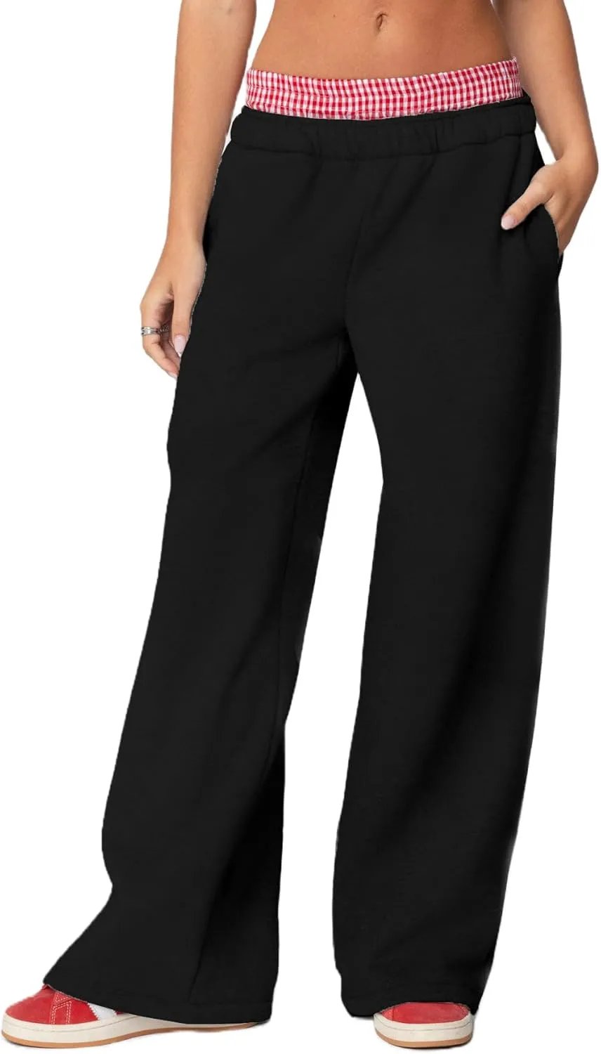 NUFIWI Gingham Boxer Detail Sweatpants for Women Elastic Waist Baggy Flared Pants Straight Leg Casual Going Out Trousers