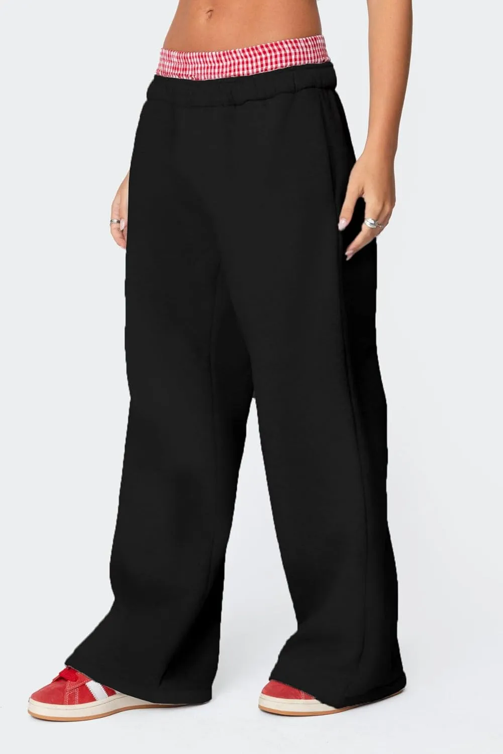 NUFIWI Gingham Boxer Detail Sweatpants for Women Elastic Waist Baggy Flared Pants Straight Leg Casual Going Out Trousers