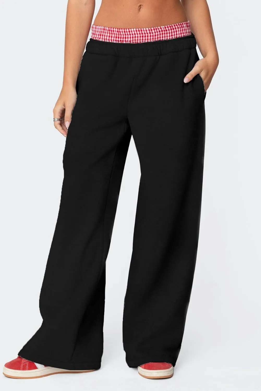 NUFIWI Gingham Boxer Detail Sweatpants for Women Elastic Waist Baggy Flared Pants Straight Leg Casual Going Out Trousers