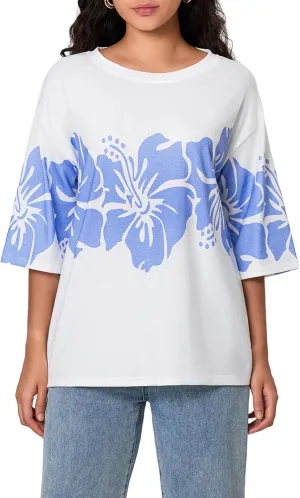 Oversized Graphic Shirt for Teens Girl Y2K Ocean Floral Short Sleeve Baggy Tee Shirts Vintage Aesthetic Coastal Tops