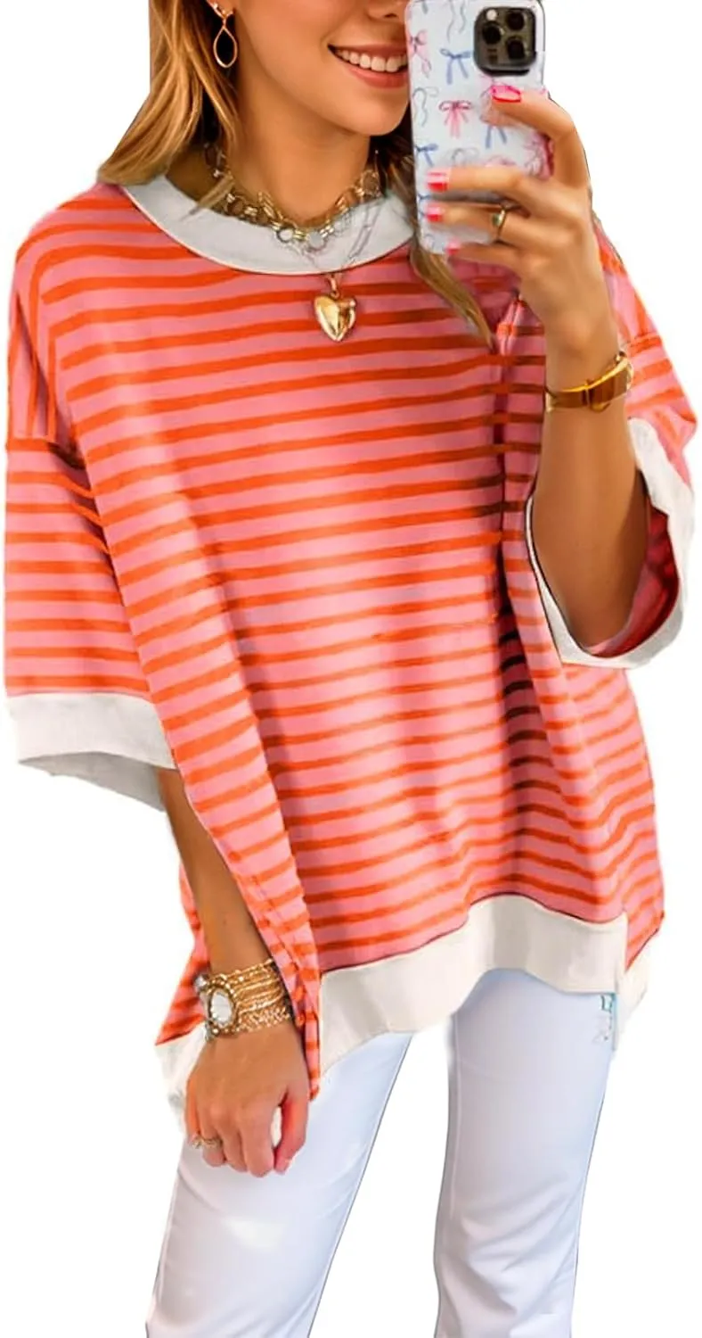 Oversized T Shirts for Women Casual Short Sleeve Striped Knit Shirt Crewneck Sweatshirts High Low Loose Blouse Tops