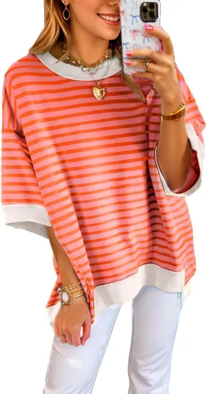 Oversized T Shirts for Women Casual Short Sleeve Striped Knit Shirt Crewneck Sweatshirts High Low Loose Blouse Tops