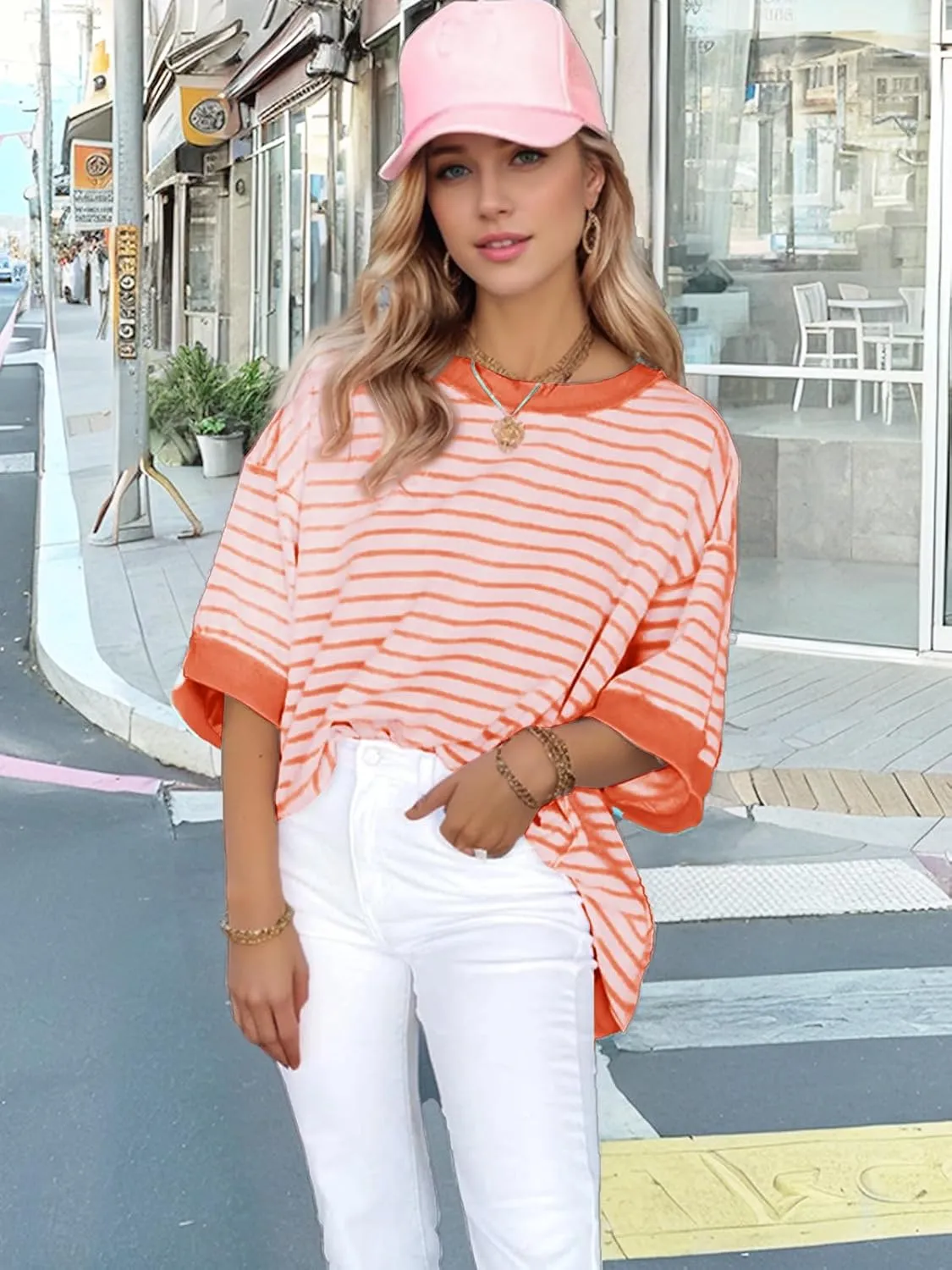 Oversized T Shirts for Women Casual Short Sleeve Striped Knit Shirt Crewneck Sweatshirts High Low Loose Blouse Tops