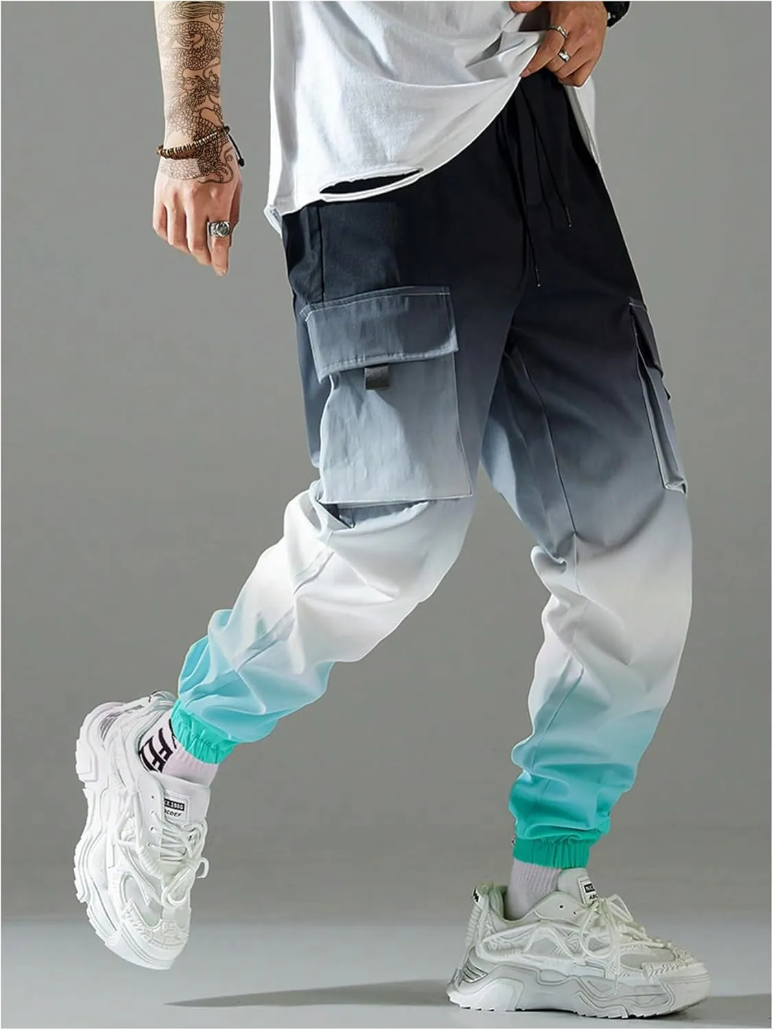 OYOANGLE Men's Ombre Letter Graphic Print Sports Jogger Pants Workout Athletic Cargo Trousers