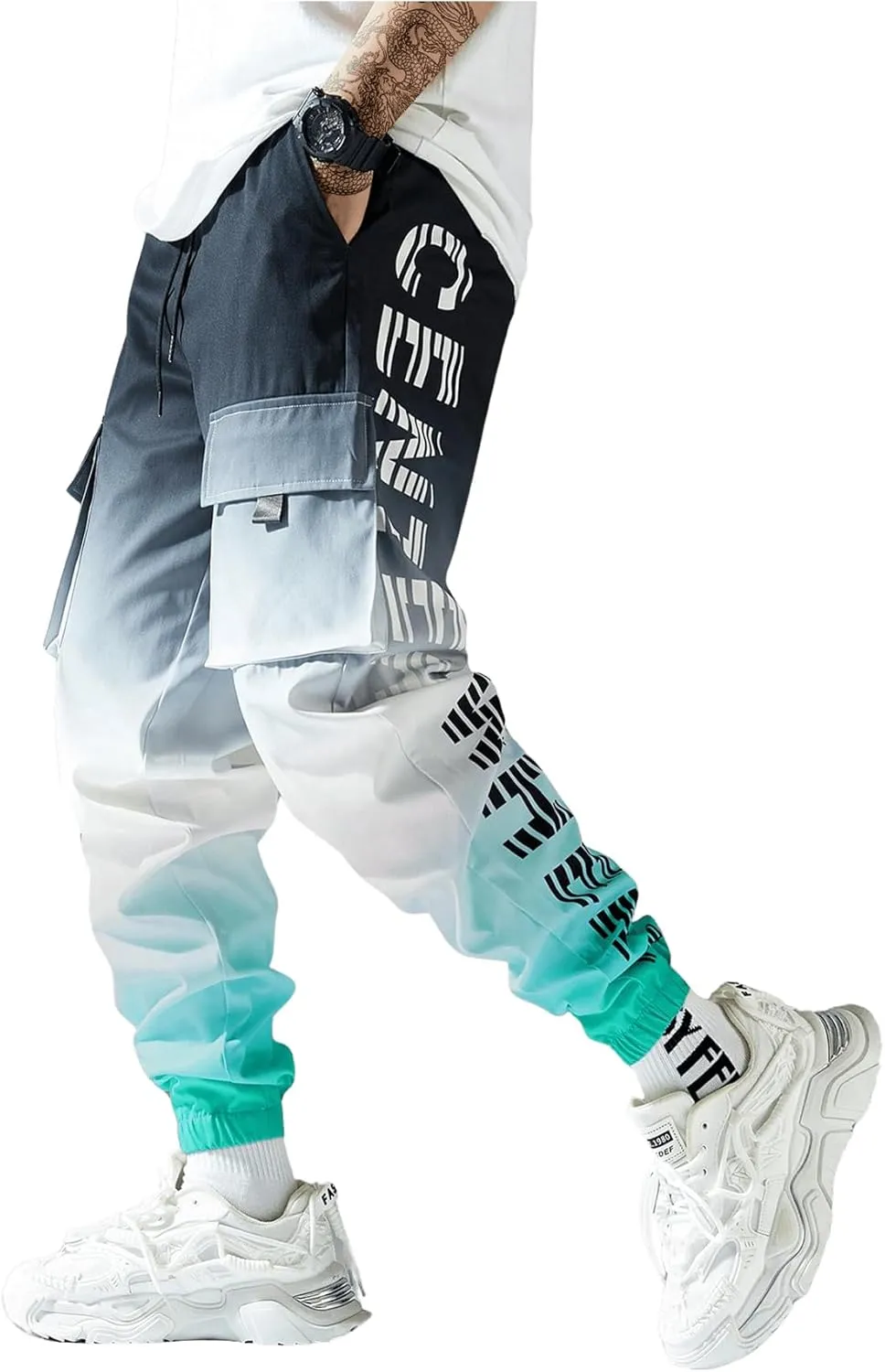 OYOANGLE Men's Ombre Letter Graphic Print Sports Jogger Pants Workout Athletic Cargo Trousers
