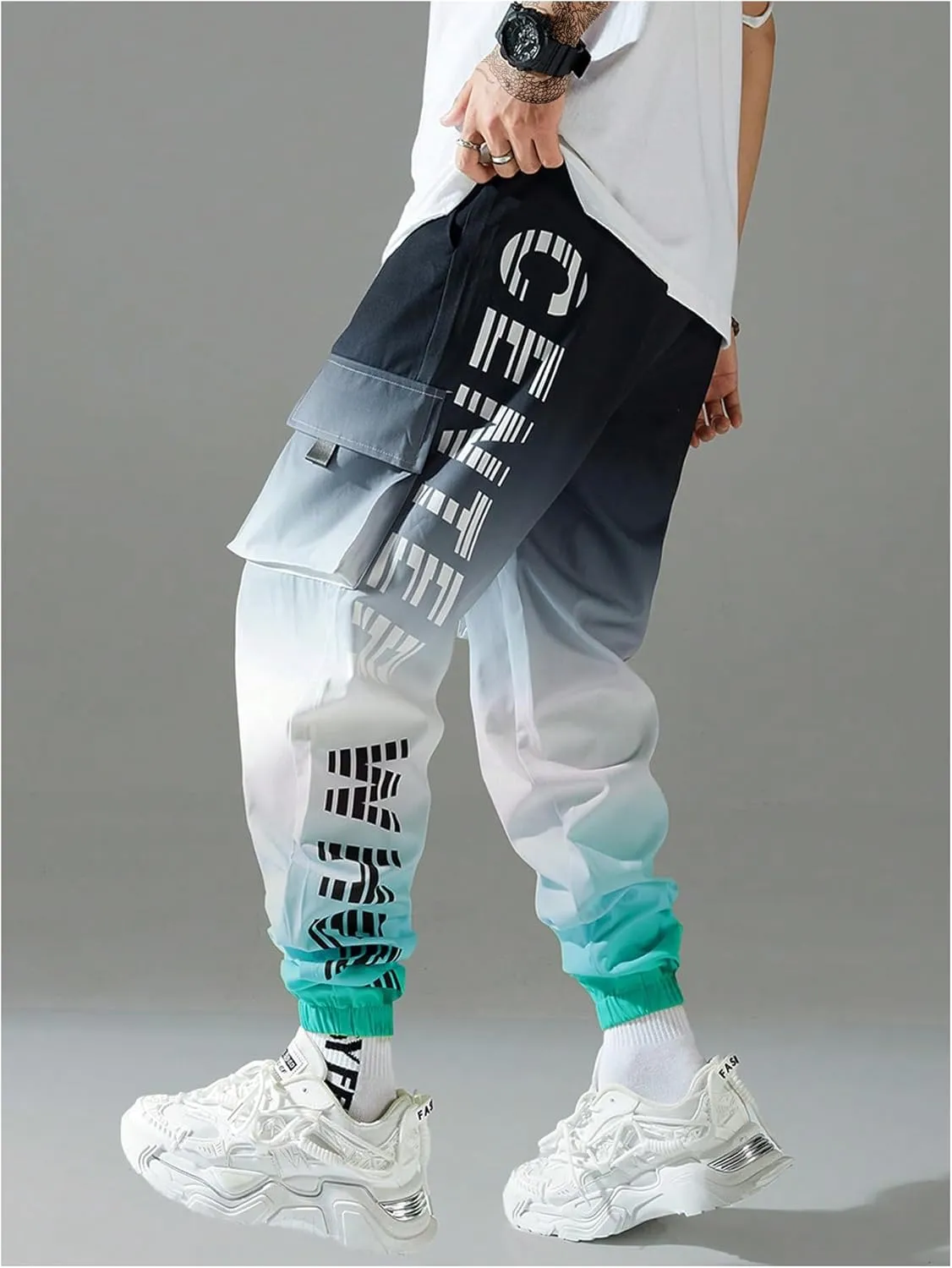 OYOANGLE Men's Ombre Letter Graphic Print Sports Jogger Pants Workout Athletic Cargo Trousers