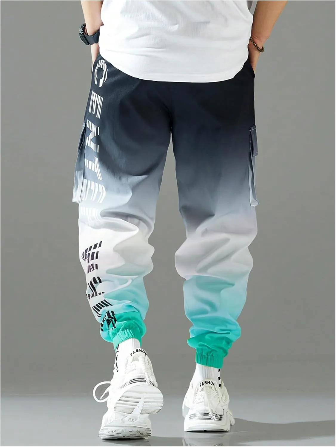 OYOANGLE Men's Ombre Letter Graphic Print Sports Jogger Pants Workout Athletic Cargo Trousers