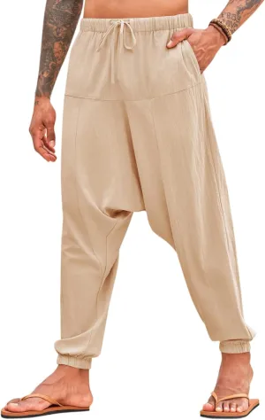 PASLTER Mens Harem Pants Baggy Casual Cotton Linen Boho Yoga Drop Crotch Hippie Trousers