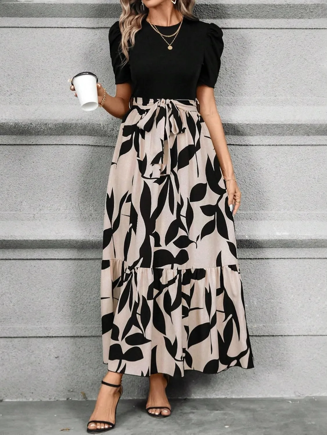 PerZeal Women's Casual Summer Crewneck A Line Short Sleeve Print Flowy Boho Long Maxi Dress with Belt
