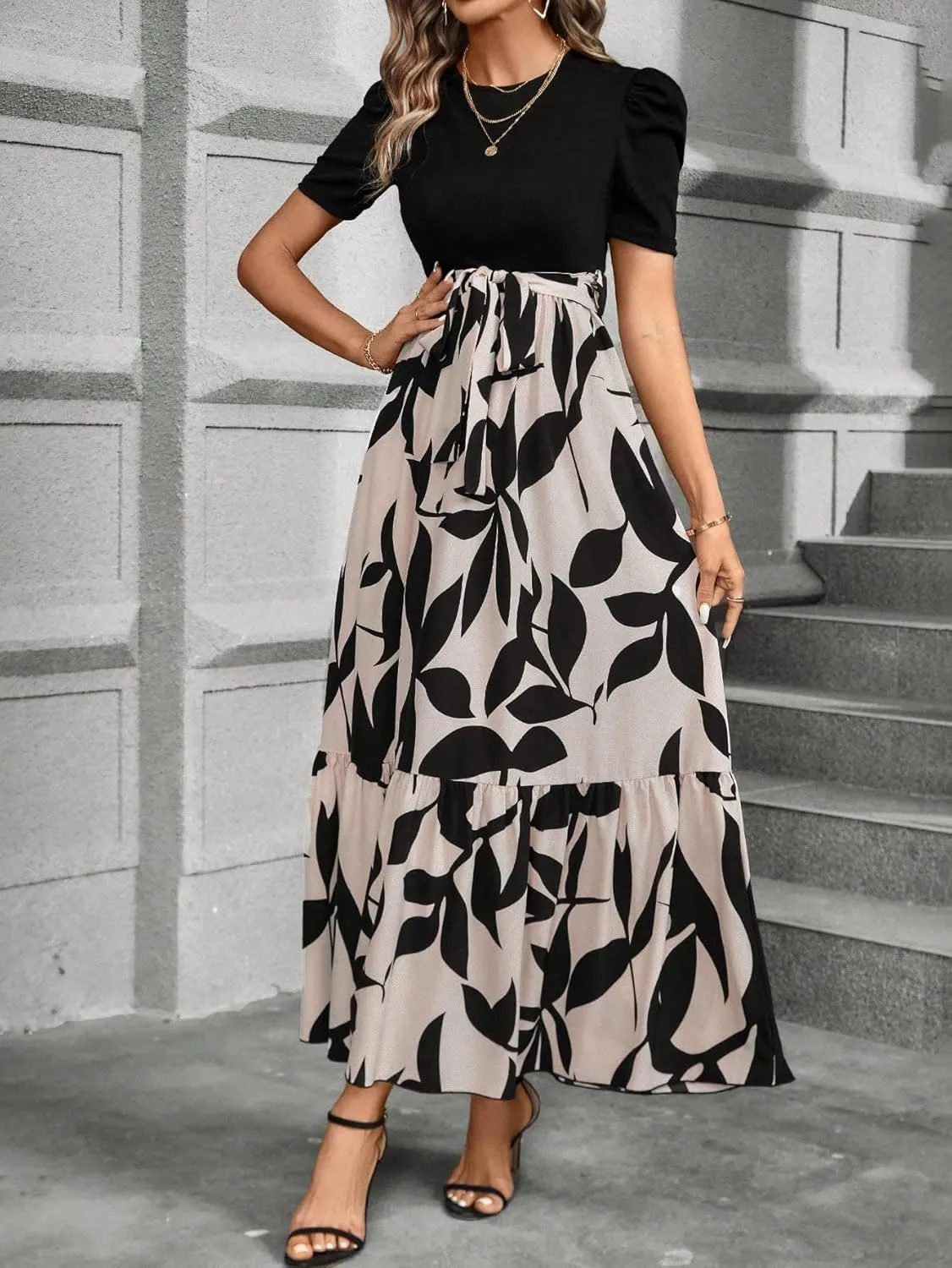 PerZeal Women's Casual Summer Crewneck A Line Short Sleeve Print Flowy Boho Long Maxi Dress with Belt