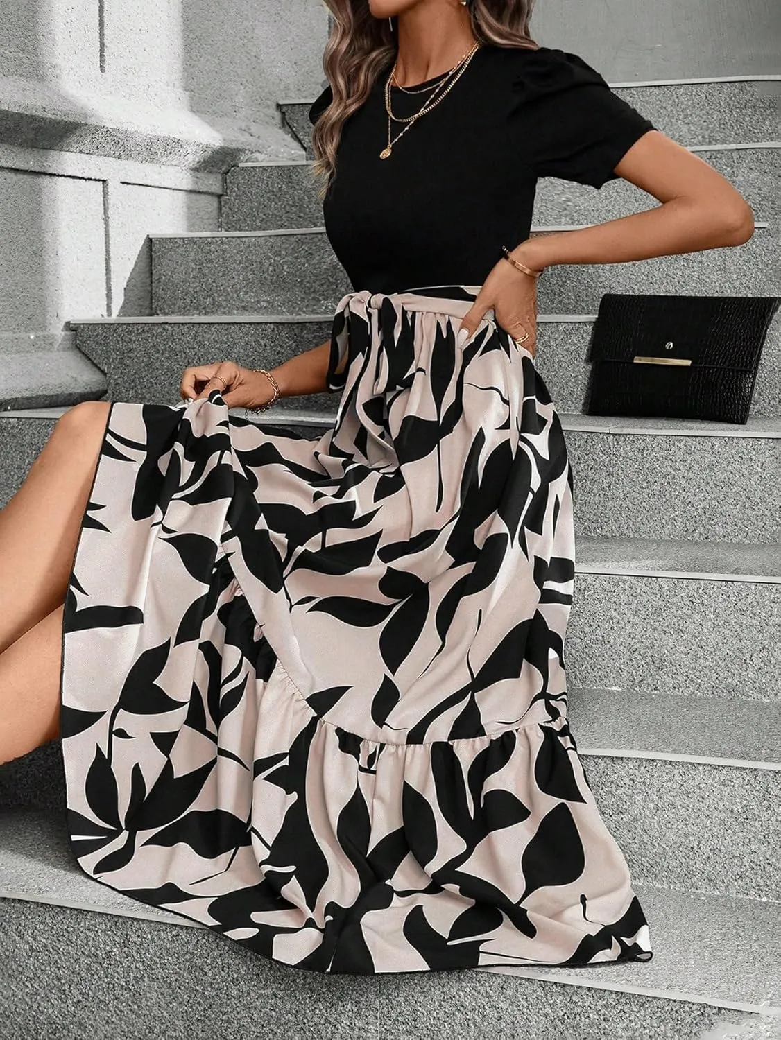 PerZeal Women's Casual Summer Crewneck A Line Short Sleeve Print Flowy Boho Long Maxi Dress with Belt