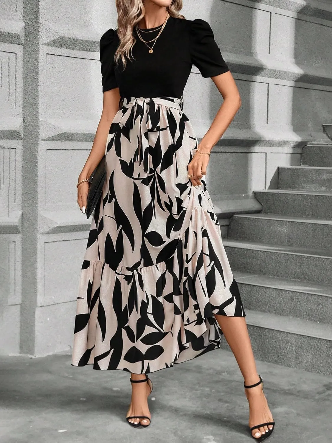 PerZeal Women's Casual Summer Crewneck A Line Short Sleeve Print Flowy Boho Long Maxi Dress with Belt
