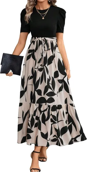 PerZeal Women's Casual Summer Crewneck A Line Short Sleeve Print Flowy Boho Long Maxi Dress with Belt