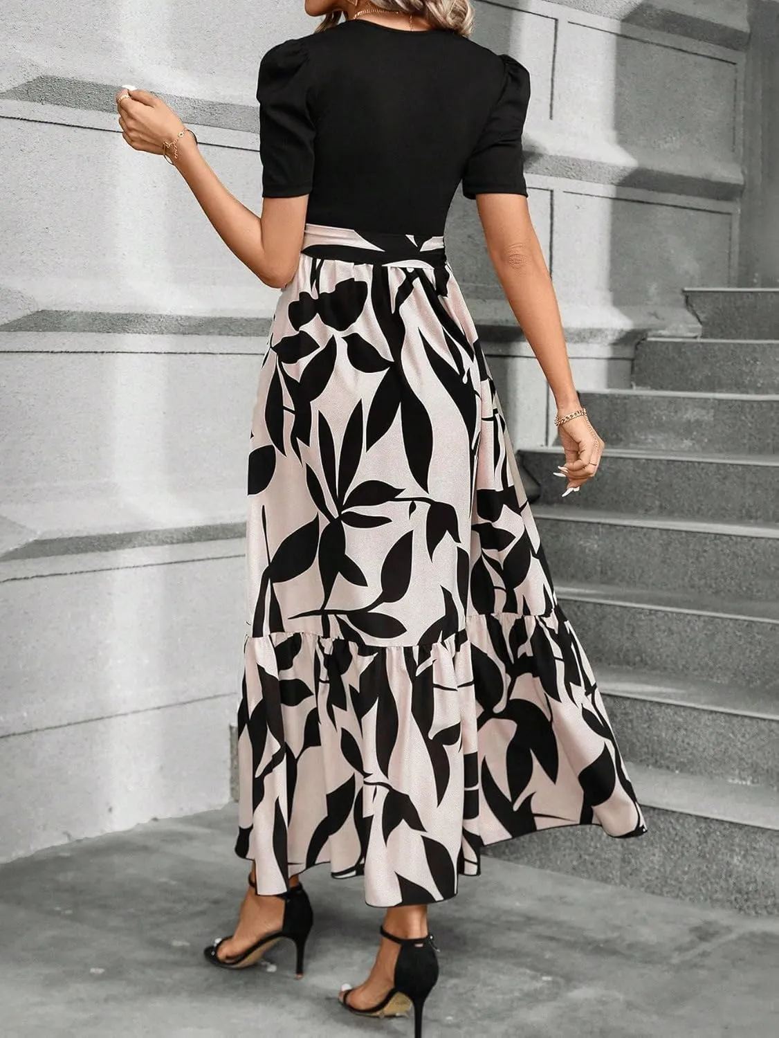 PerZeal Women's Casual Summer Crewneck A Line Short Sleeve Print Flowy Boho Long Maxi Dress with Belt