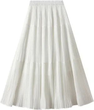 Pleated Midi Skirt for Women High Waist Flowy Long Skirts Casual A-Line Skirt for Daily Outfits