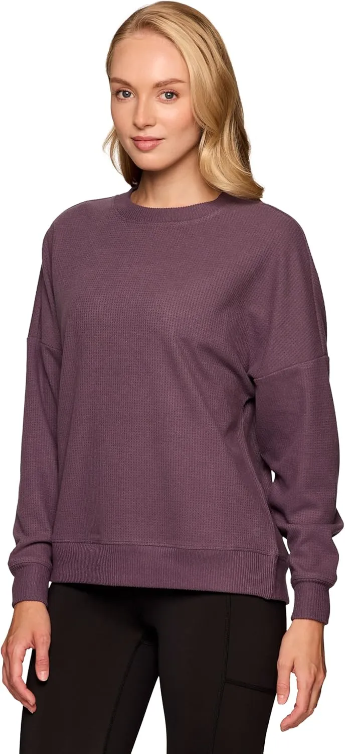RBX Active Women's Waffle Knit Top in Regular and Plus Sizes, Long Sleeve Waffle Sweatshirt Relaxed Fit Crewneck Sweater