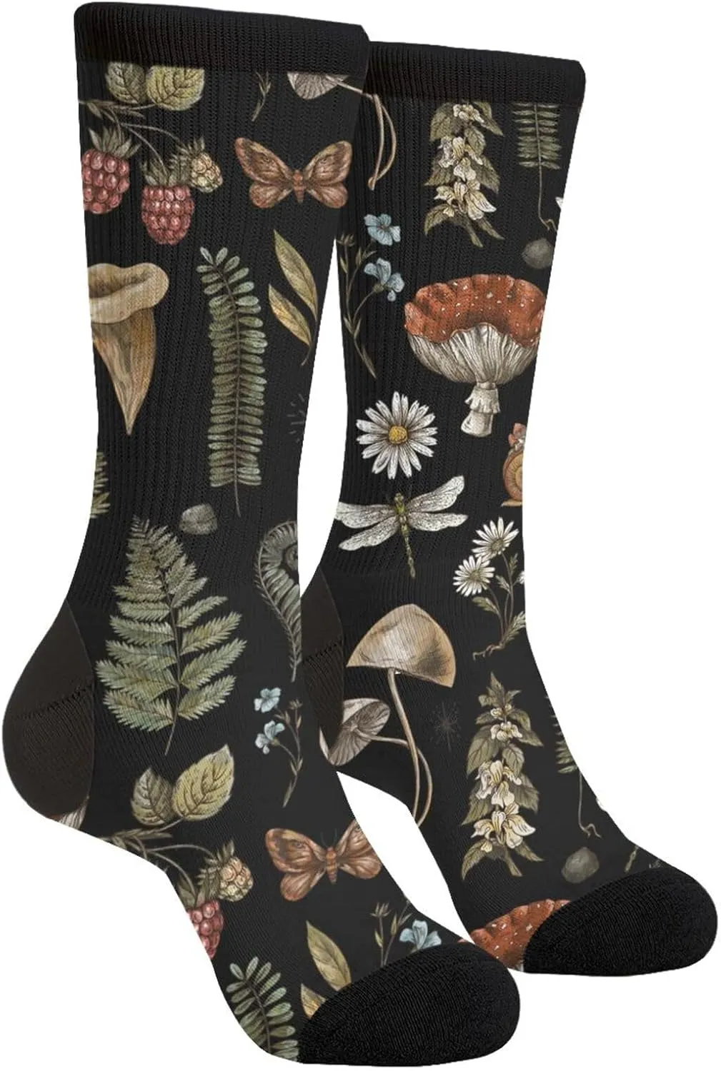 Red Mushroom Green Plant Floral Black Casual Funny Funky Novelty Fashion Socks For Men Women