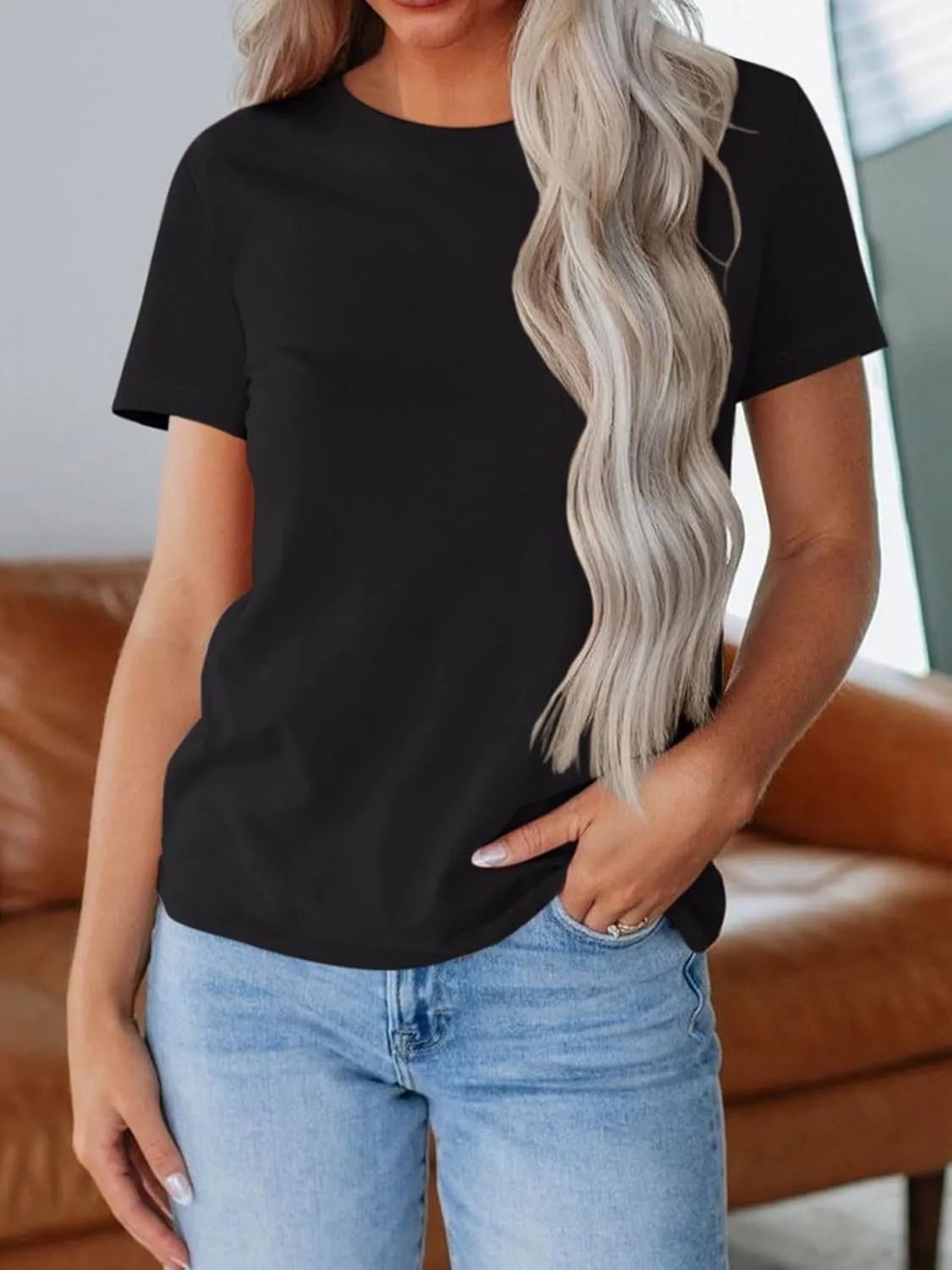 REORIA Womens Summer Crewneck Short Sleeve Cotton Tunic Tops Loose Fit Solid T Shirts 2025 Basic Tees