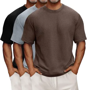 Riyiper 3 Pack Men's Big and Tall Waffle T Shirts, Short Sleeve Crew Neck Tops Casual Textured Knit Pullover Lightweight Tees