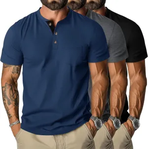 Riyiper 3 Pack Men's Henley T-Shirts Short Sleeve Pocket Cotton Classic Tops Casual Basic Tees with Button Summer Trendy
