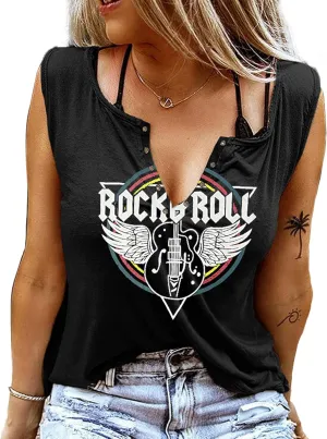 Rock and Roll Tank Tops Guitar Wings Concert Vintage Country Music Retro Graphic V-Neck Sexy Summer Sleeveless for Women