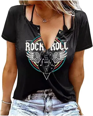 Rock and Roll Tank Tops Guitar Wings Concert Vintage Country Music Retro Graphic V-Neck Sexy Summer Sleeveless for Women