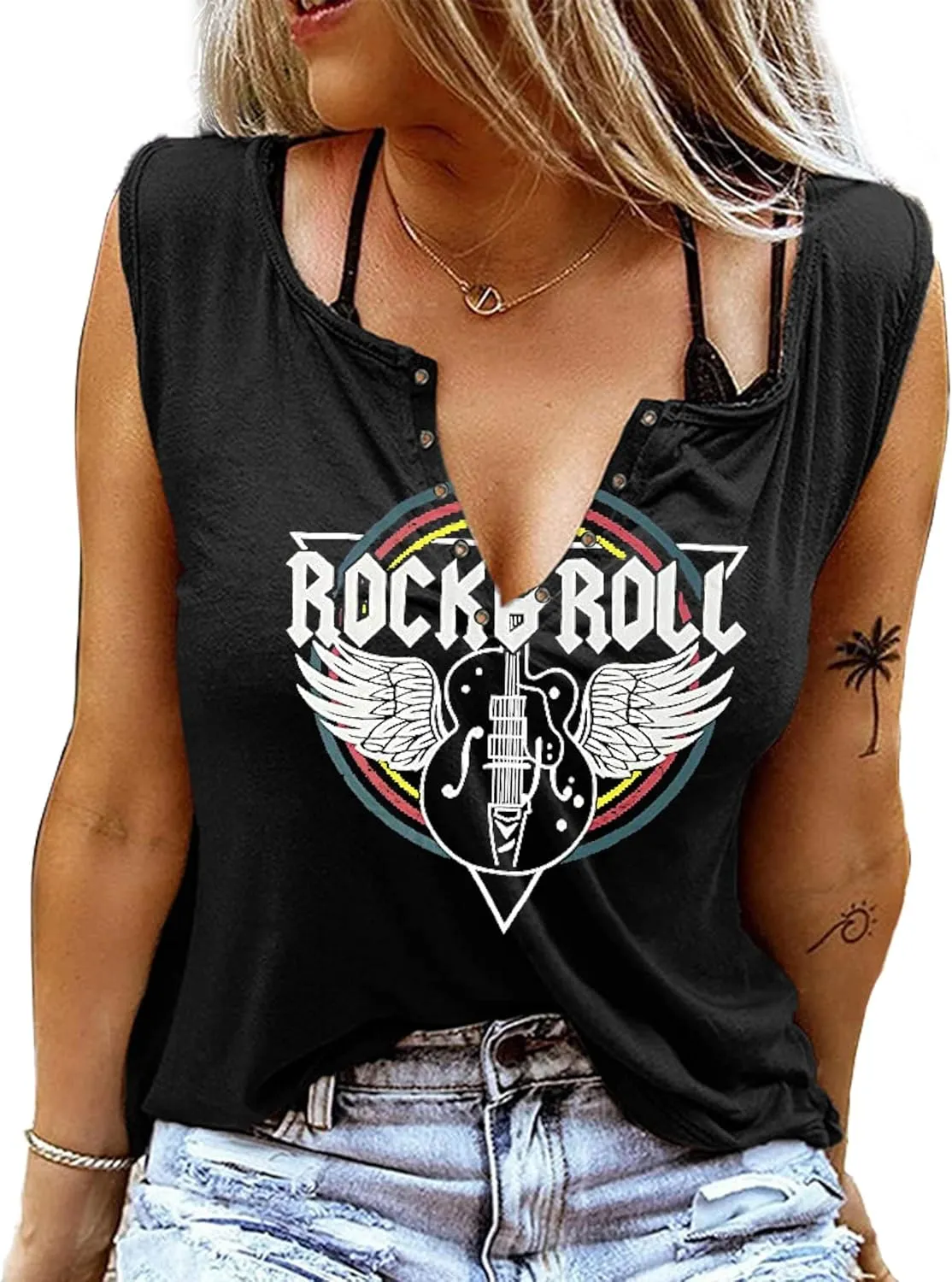 Rock and Roll Tank Tops Guitar Wings Concert Vintage Country Music Retro Graphic V-Neck Sexy Summer Sleeveless for Women