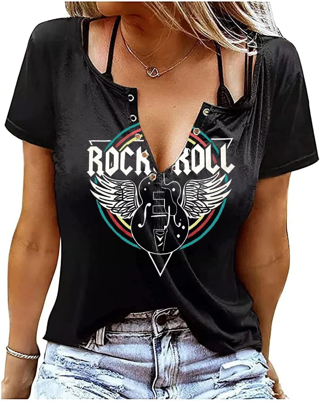 Rock and Roll Tank Tops Guitar Wings Concert Vintage Country Music Retro Graphic V-Neck Sexy Summer Sleeveless for Women