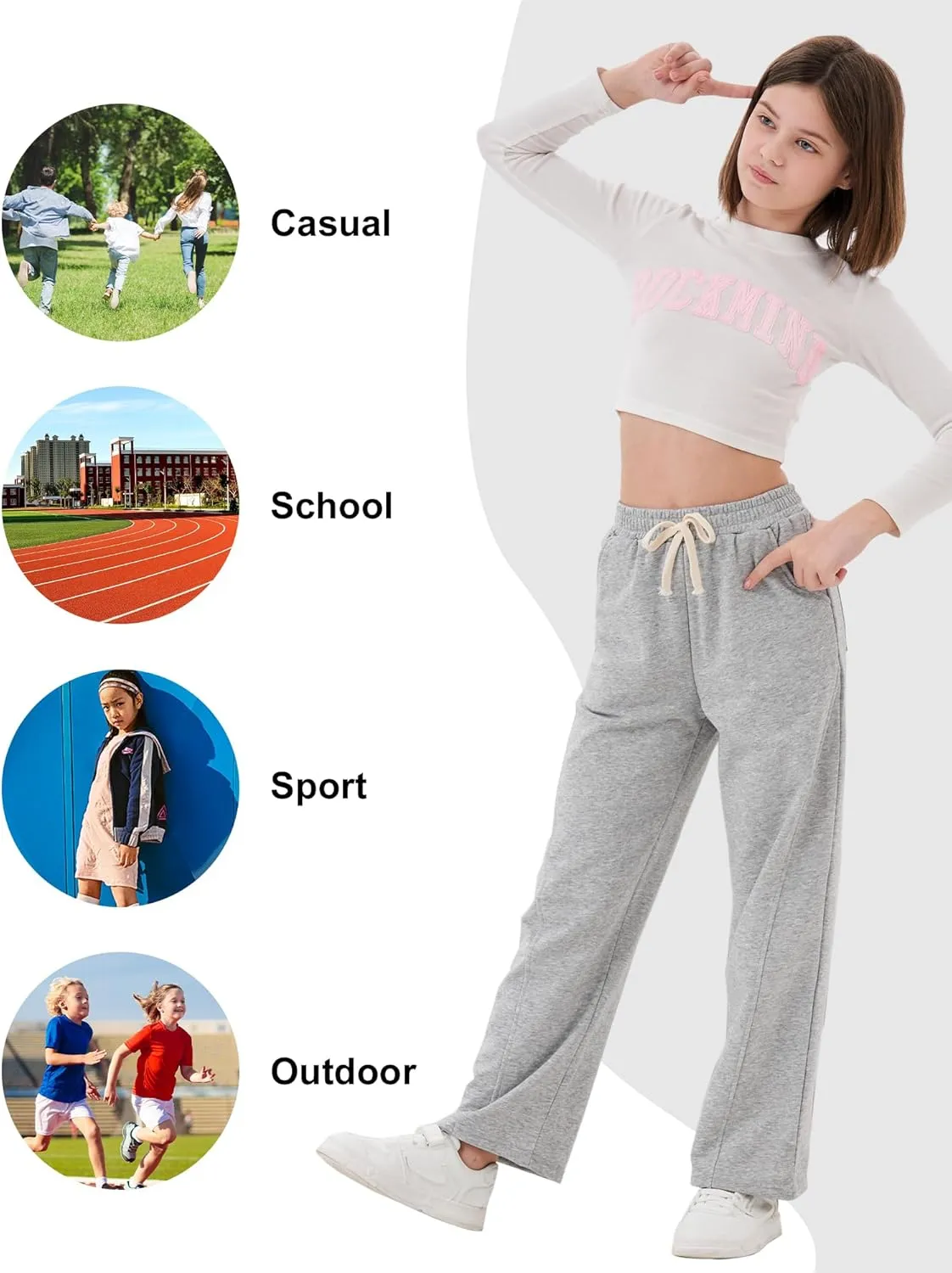 Rolanko Girls Wide Leg Sweatpants Straight Pants for Kids Girls Trousers with Pockets Sweats
