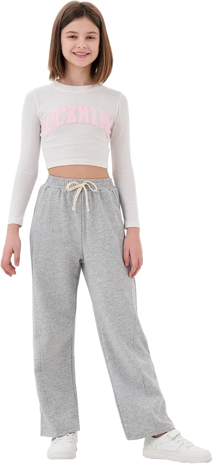 Rolanko Girls Wide Leg Sweatpants Straight Pants for Kids Girls Trousers with Pockets Sweats