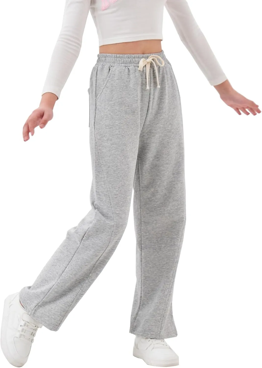 Rolanko Girls Wide Leg Sweatpants Straight Pants for Kids Girls Trousers with Pockets Sweats