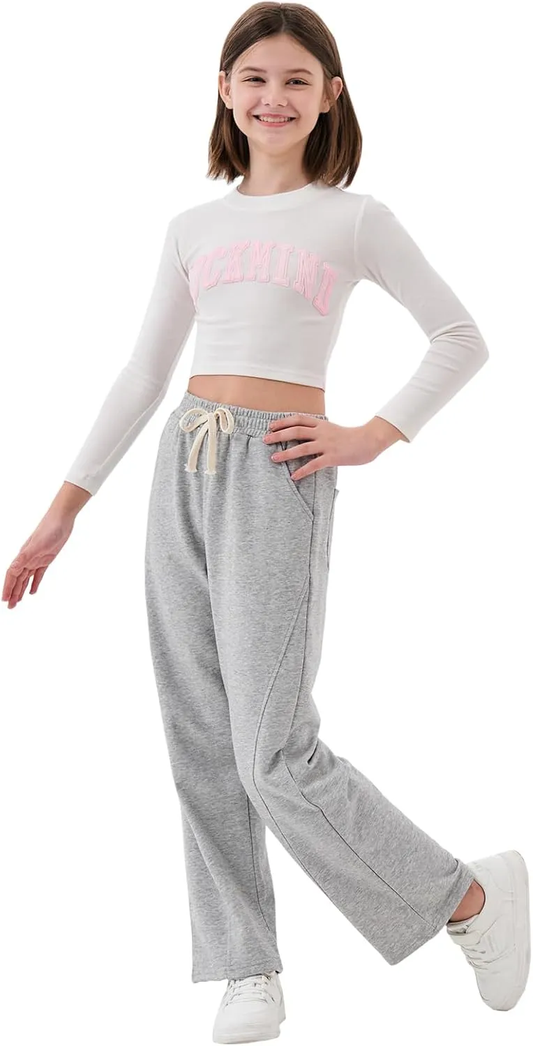 Rolanko Girls Wide Leg Sweatpants Straight Pants for Kids Girls Trousers with Pockets Sweats