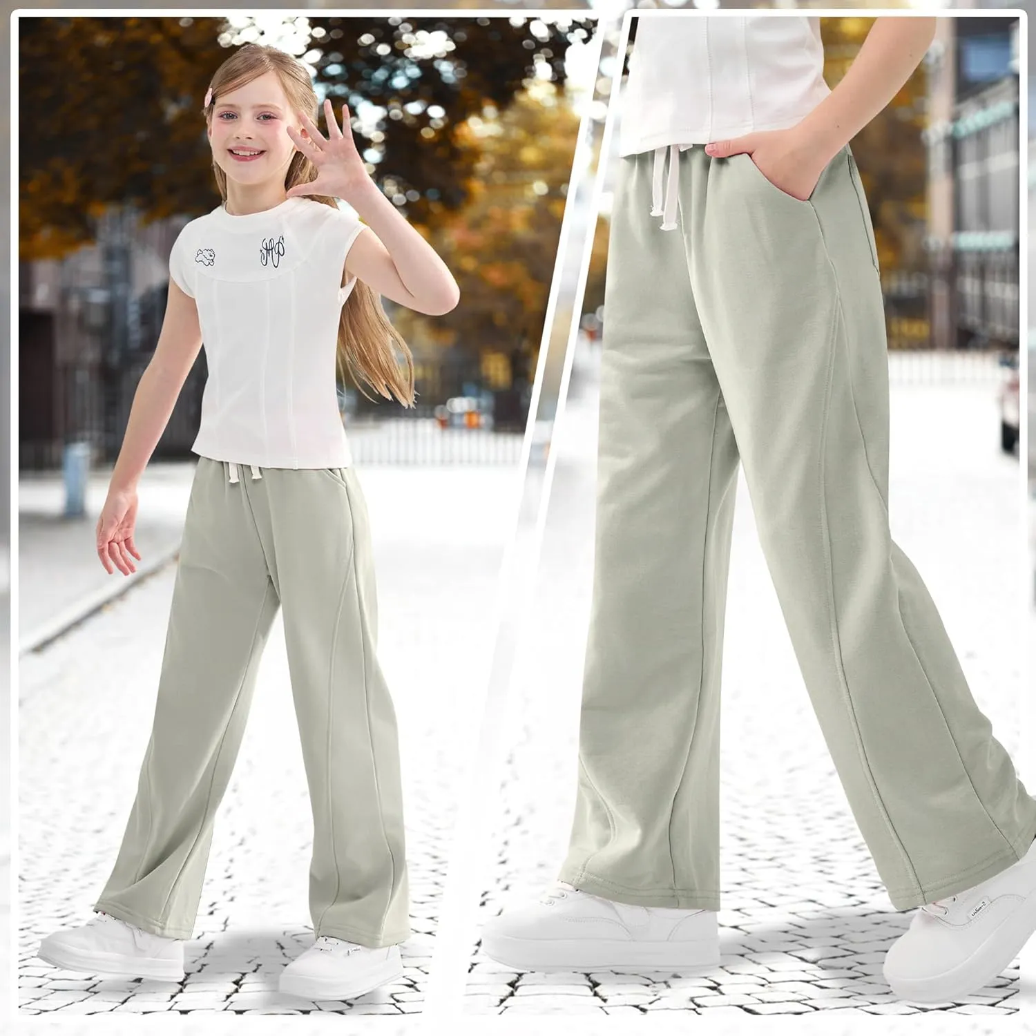 Rolanko Girls Wide Leg Sweatpants Straight Pants for Kids Girls Trousers with Pockets Sweats