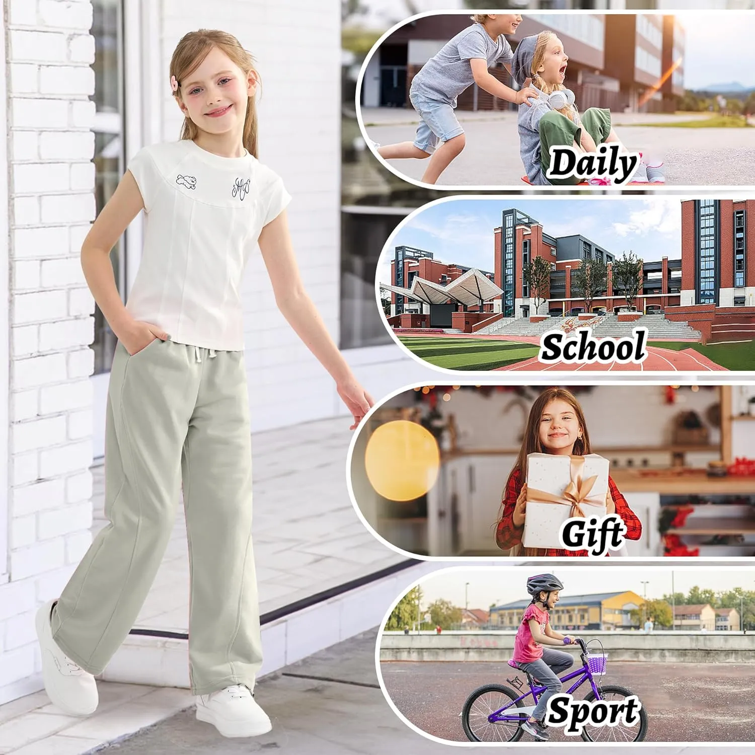 Rolanko Girls Wide Leg Sweatpants Straight Pants for Kids Girls Trousers with Pockets Sweats