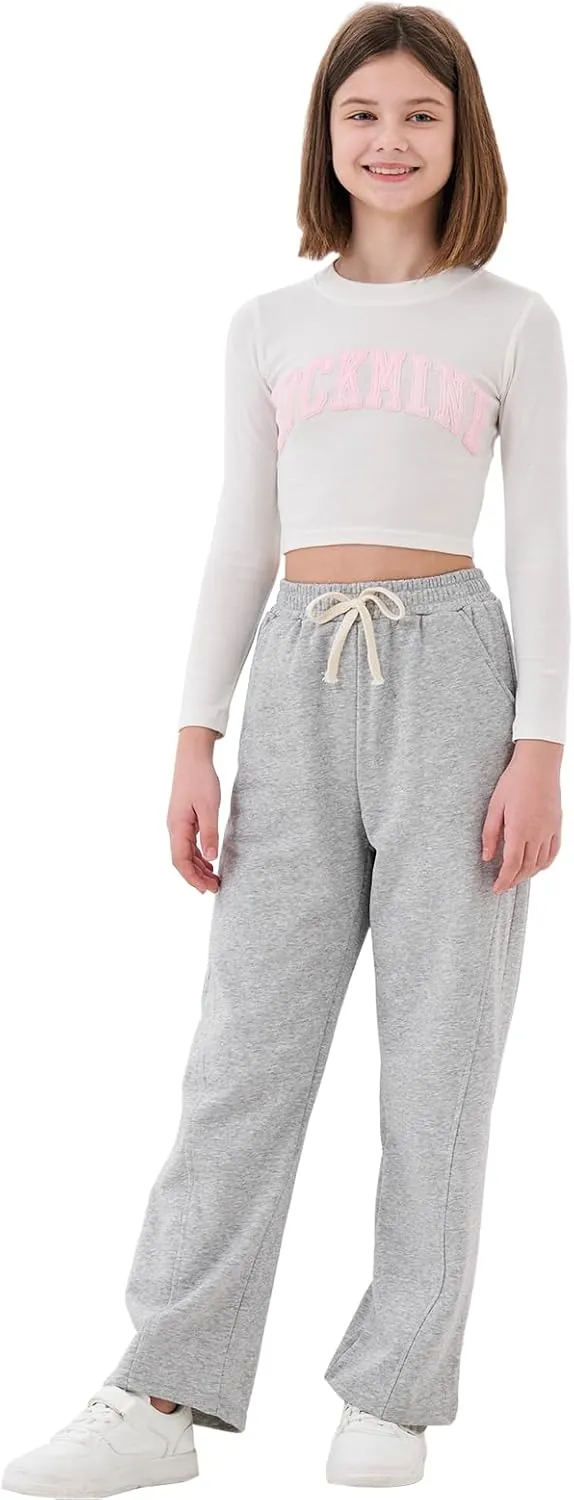 Rolanko Girls Wide Leg Sweatpants Straight Pants for Kids Girls Trousers with Pockets Sweats