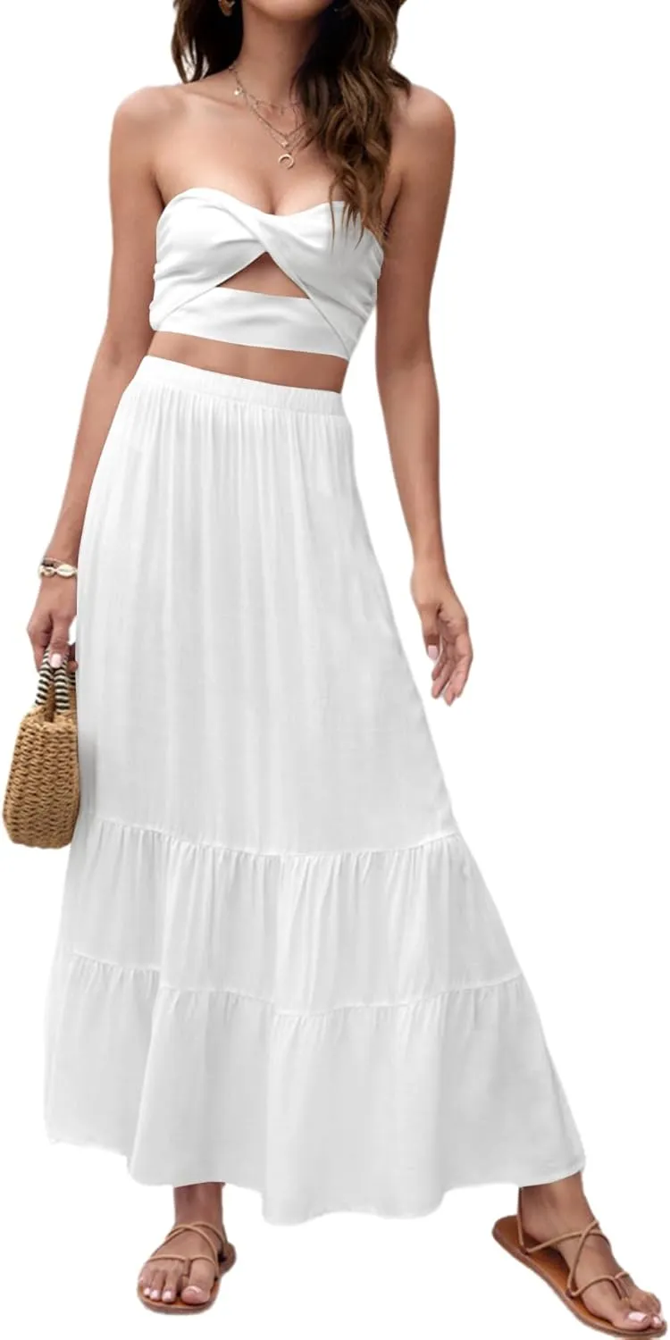Rooscier Women's Tiered Elastic High Waist Ruffle Flowy A Line Elegant Long Skirt