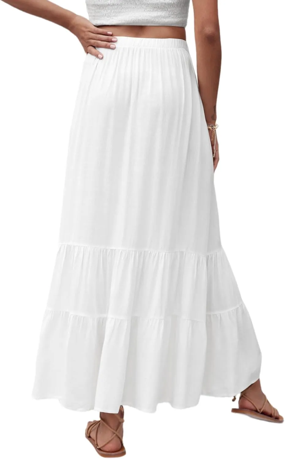 Rooscier Women's Tiered Elastic High Waist Ruffle Flowy A Line Elegant Long Skirt